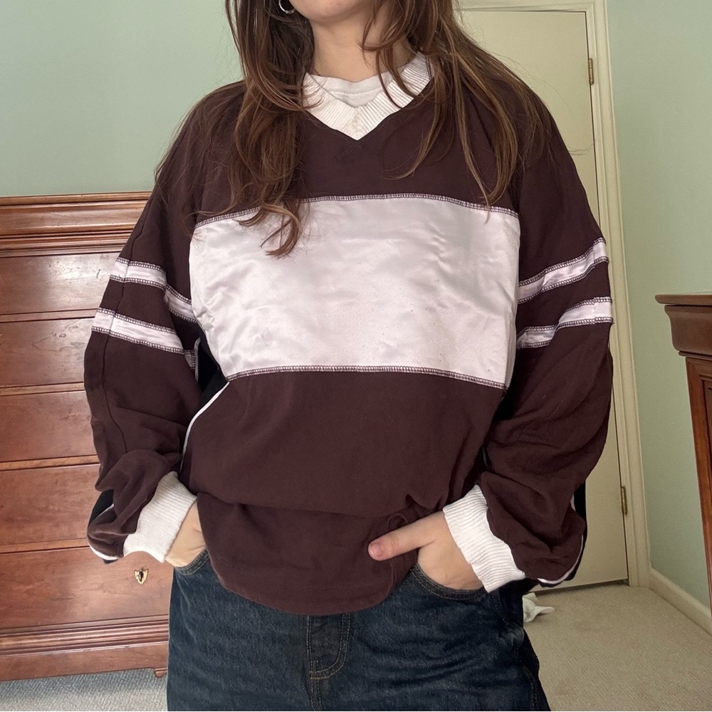 FP Movement by Free People Varsity Pulliver Brown and White V-Neck Sweater